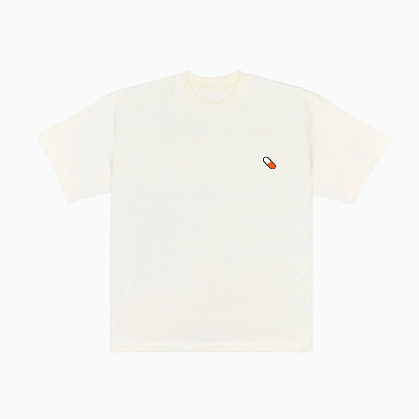HMC Orange Pill bitcoin t-shirt, beige, front view in heavyweight cotton.