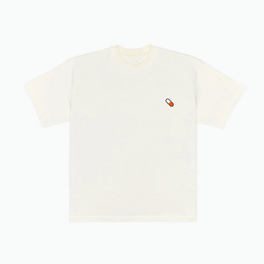 HMC Orange Pill bitcoin t-shirt, beige, front view in heavyweight cotton.