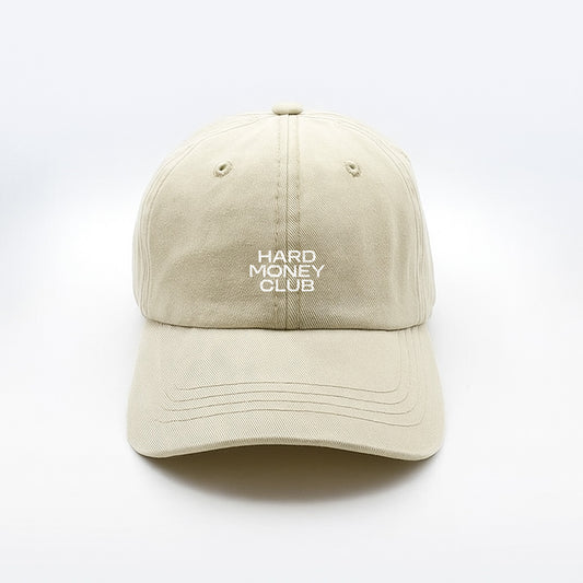 HMC Essential bitcoin cap, beige, embroidered logo, front view.