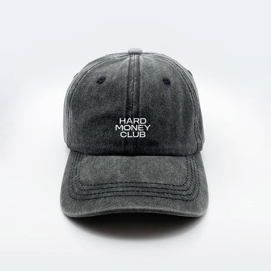 HMC Essential bitcoin cap, washed, black, embroidered logo, front angle.