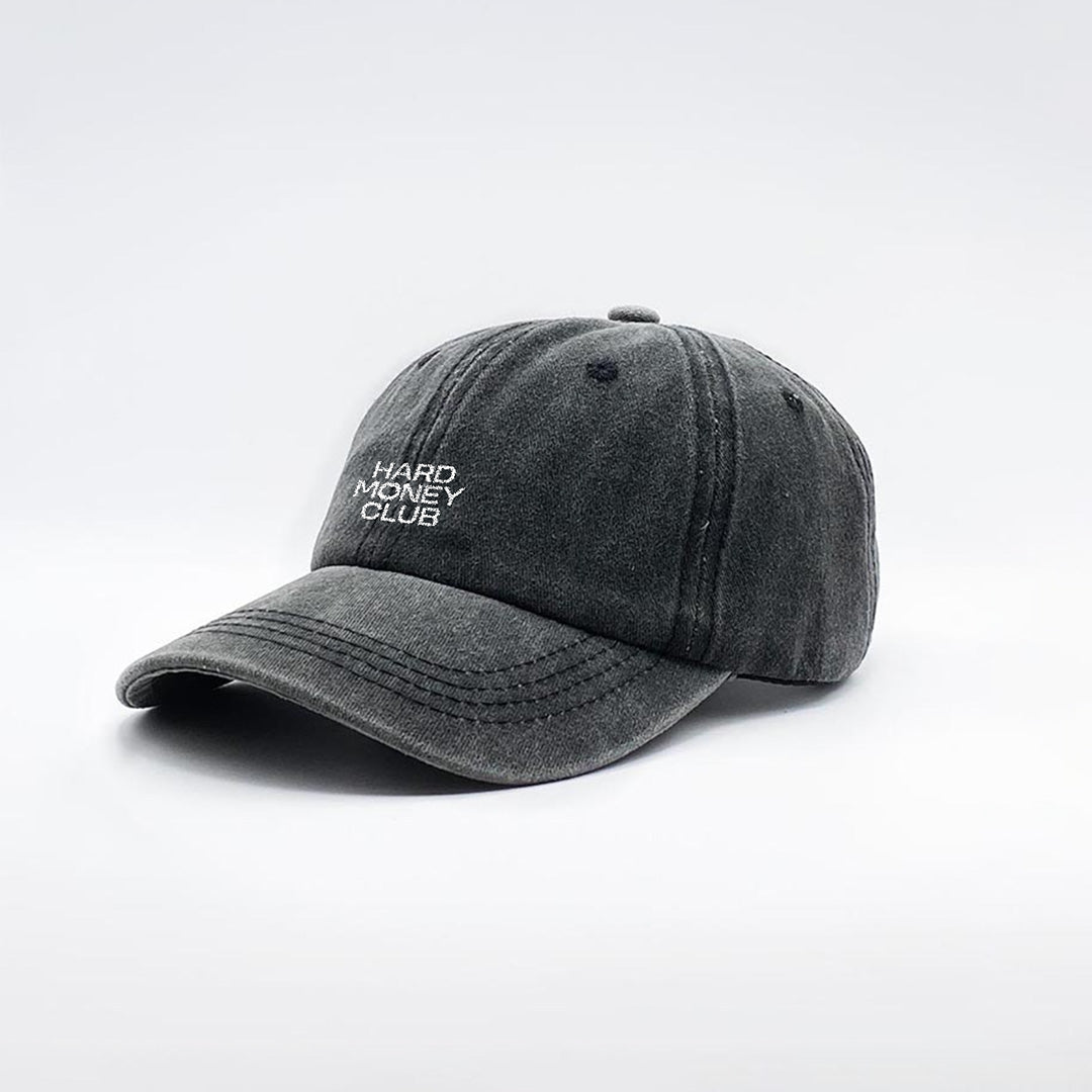 HMC Essential bitcoin cap, washed, black, embroidered logo, side angle.