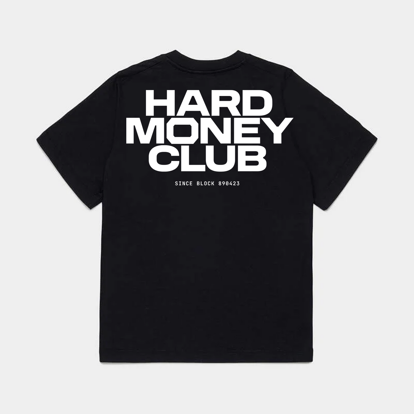 HMC Essential bitcoin t-shirt, black, back view in heavyweight cotton.