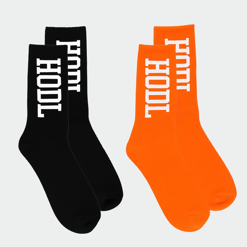 HODL bitcoin crew socks, black and orange, two pairs.