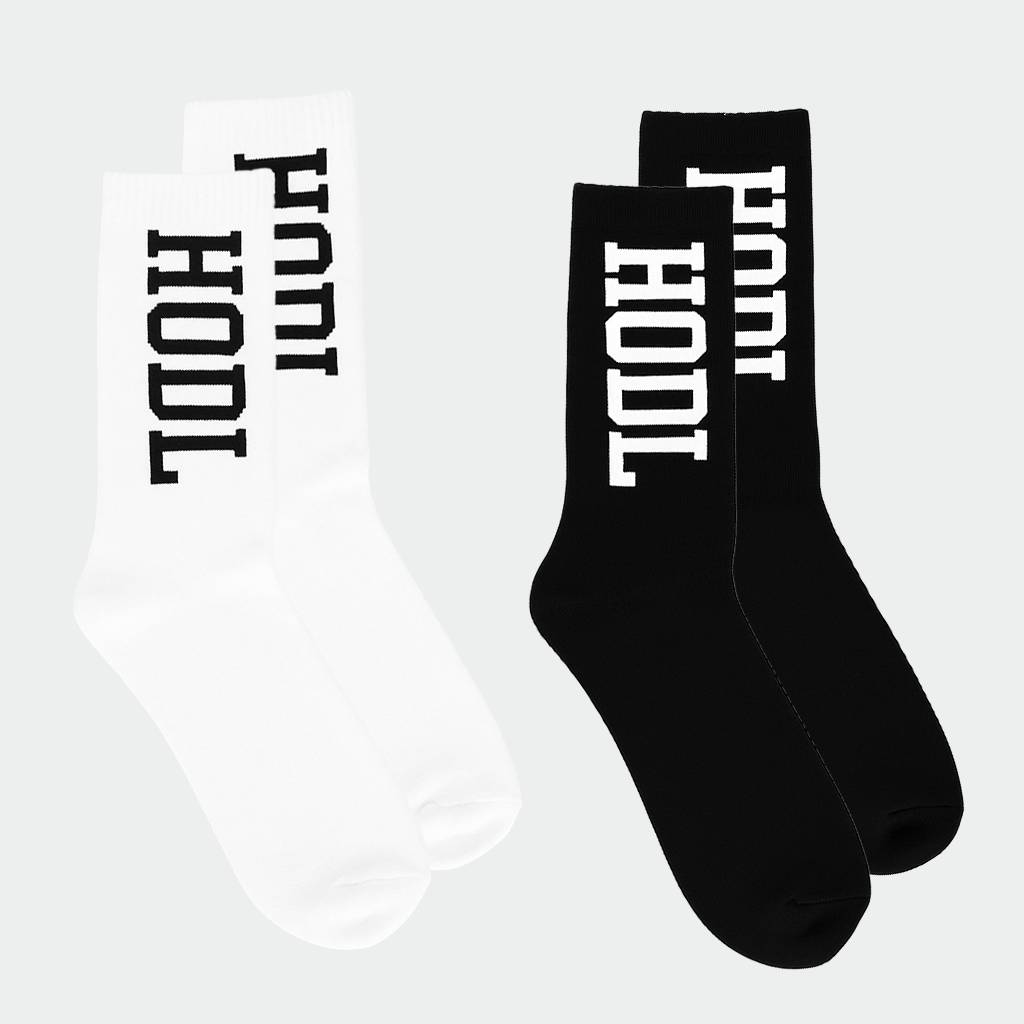 HODL bitcoin crew socks, white and black, two pairs.