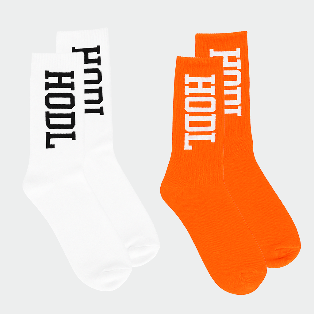 HODL bitcoin crew socks, white and orange, two pairs.