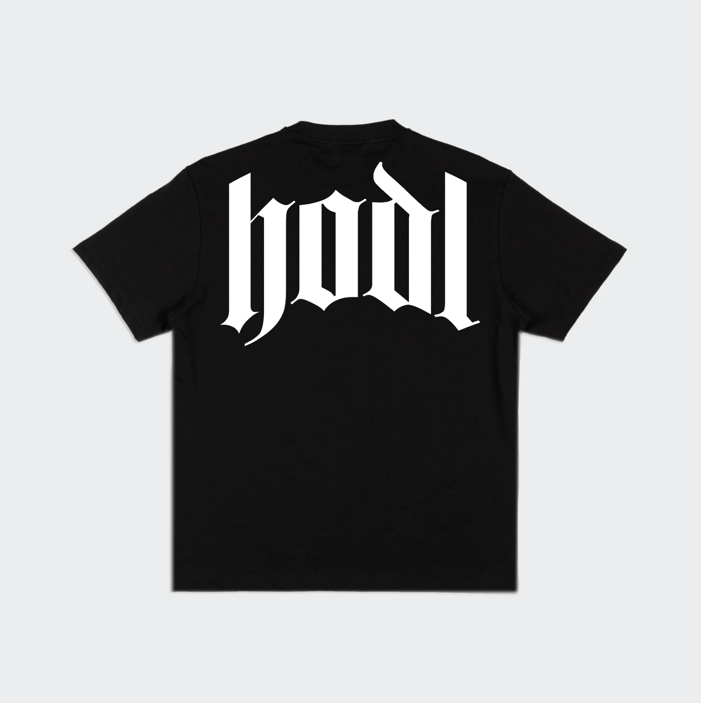HMC HODL bitcoin t-shirt, black, back view in heavyweight cotton.
