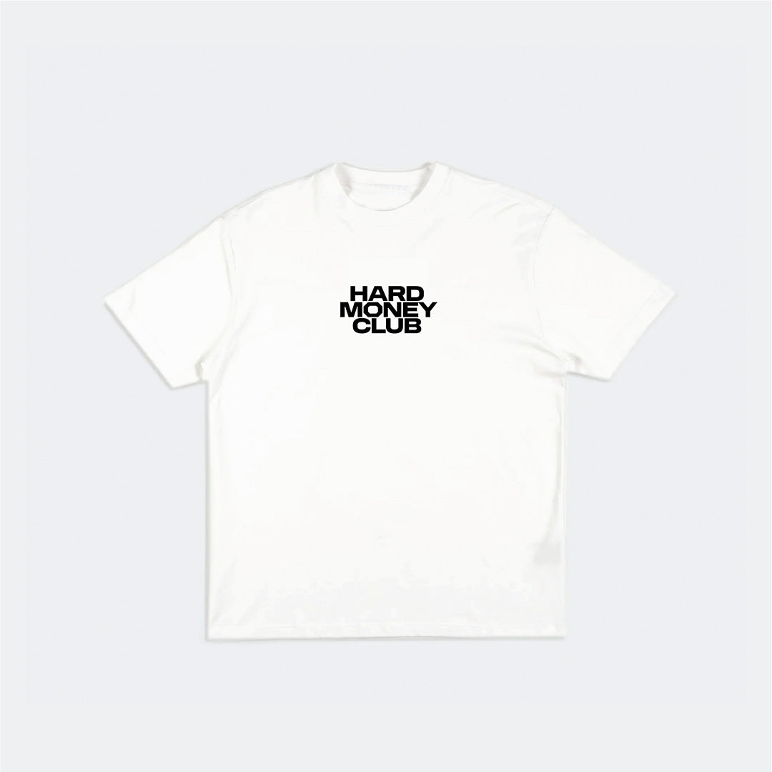HMC HODL bitcoin t-shirt, white, front view in heavyweight cotton.