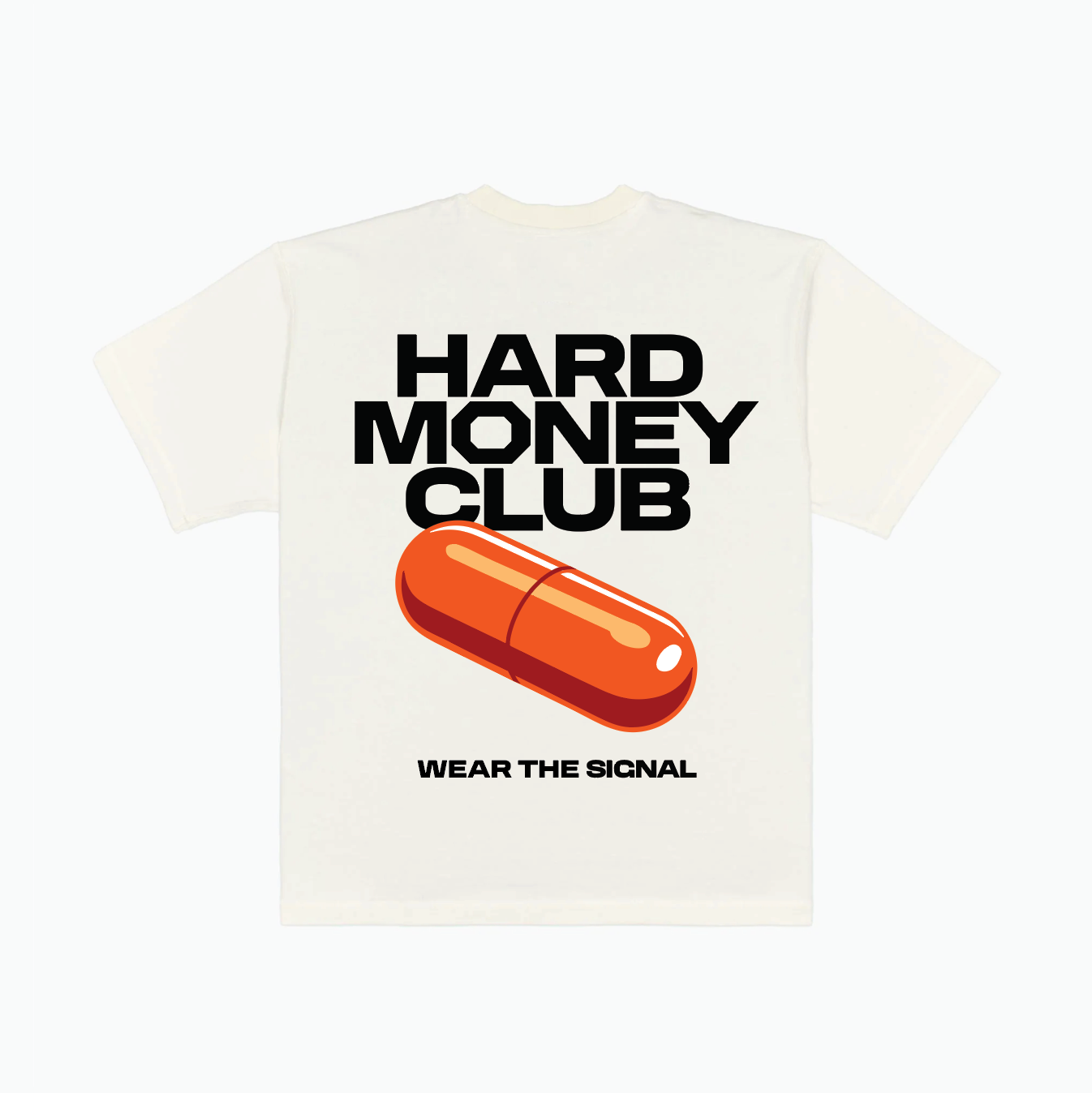 HMC Orange Pill bitcoin t-shirt, beige, back view in heavyweight cotton.
