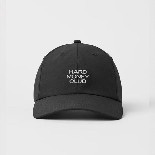 HMC Essential bitcoin cap, black, embroidered logo, front view.