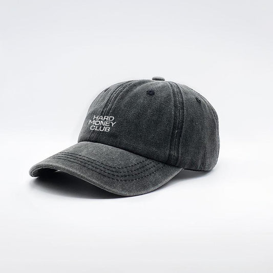 HMC Essential bitcoin cap, washed, black, embroidered logo, side angle.