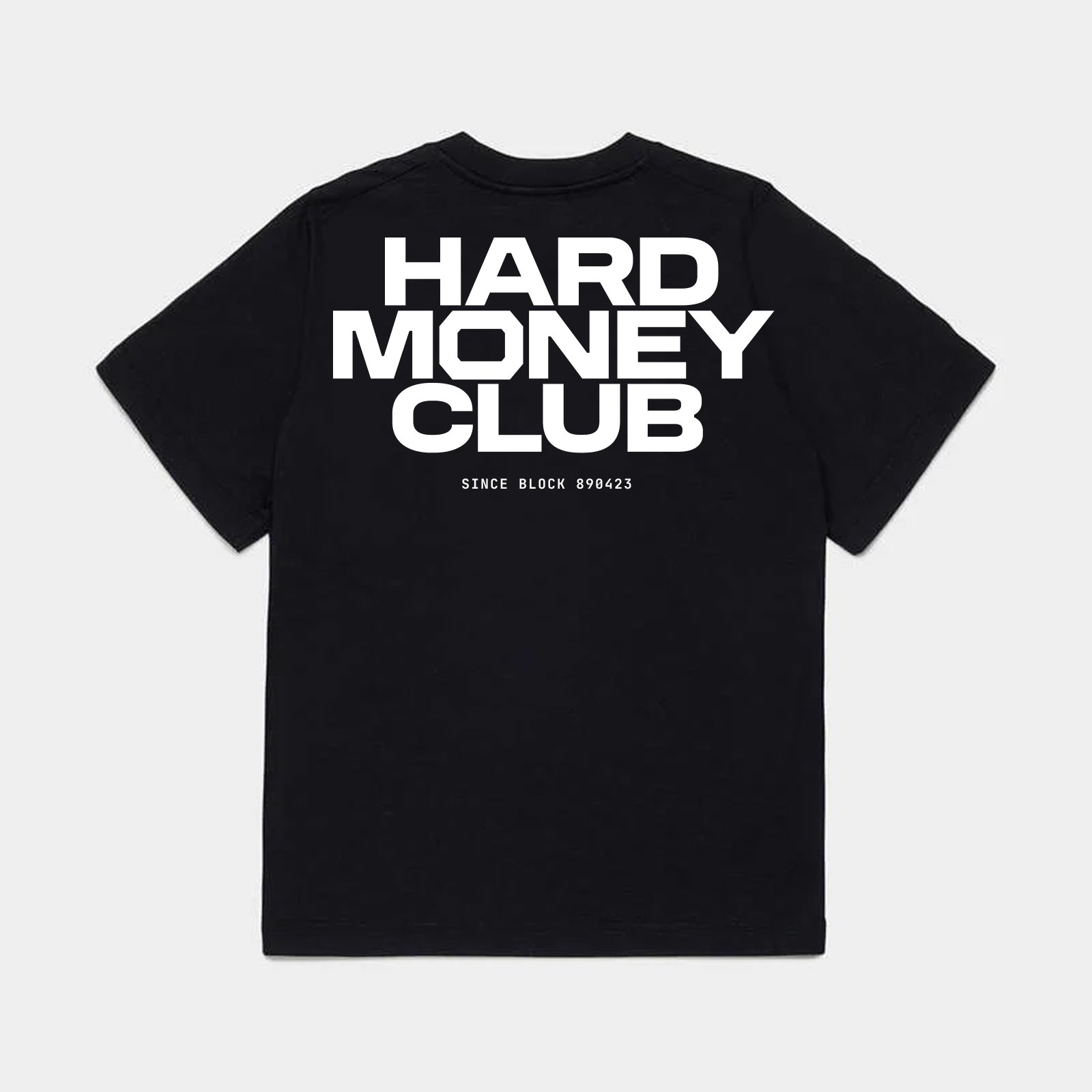 HMC Essential bitcoin t-shirt, black, back view in heavyweight cotton.