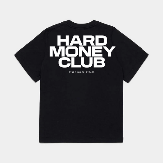 HMC Essential bitcoin t-shirt, black, back view in heavyweight cotton.