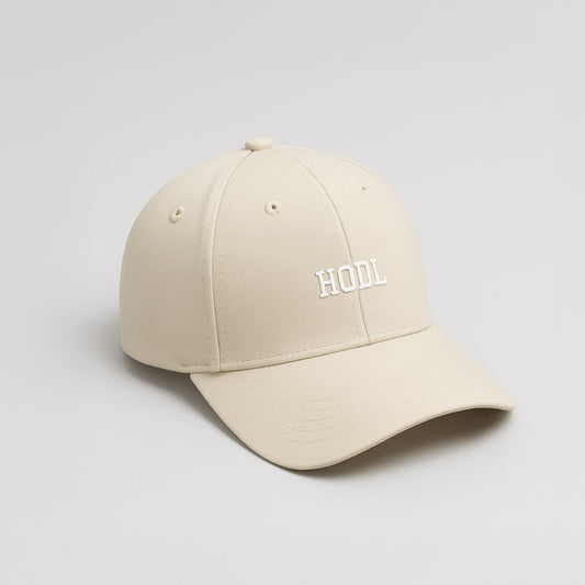HMC HODL bitcoin cap, beige, front view.