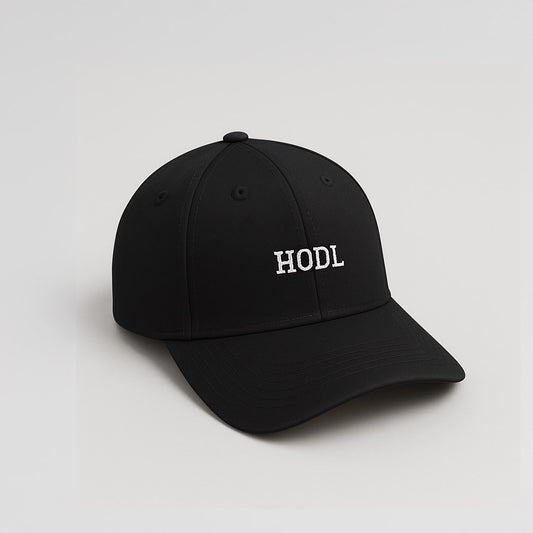 HMC HODL bitcoin cap, black, front view.