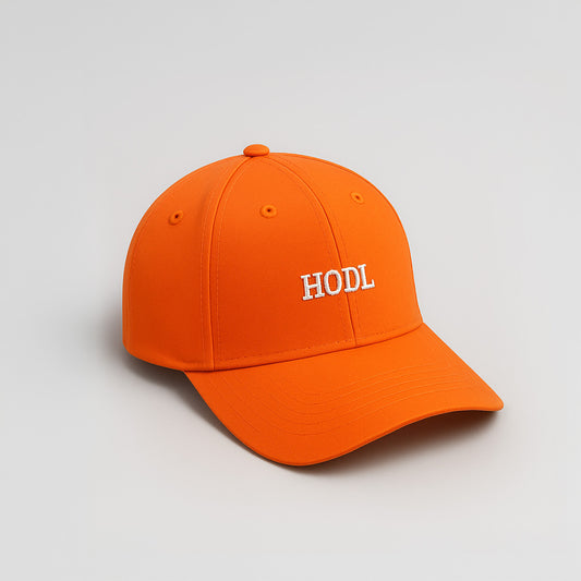 HMC HODL bitcoin cap, orange, front view.