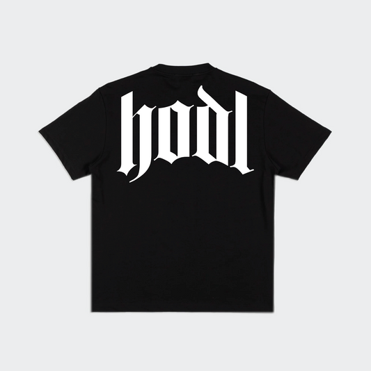 HMC HODL bitcoin t-shirt, black, back view in heavyweight cotton.