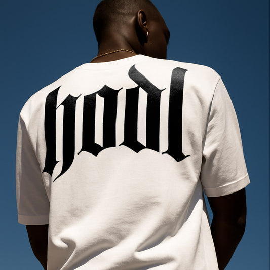 HMC HODL bitcoin t-shirt, white, in heavyweight cotton, on model.