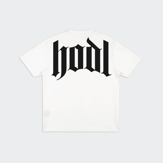 HMC HODL bitcoin t-shirt, white, back view in heavyweight cotton.