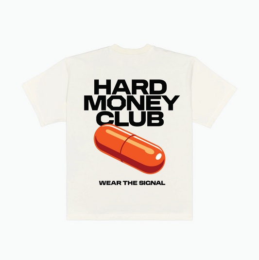 HMC Orange Pill bitcoin t-shirt, beige, back view in heavyweight cotton.